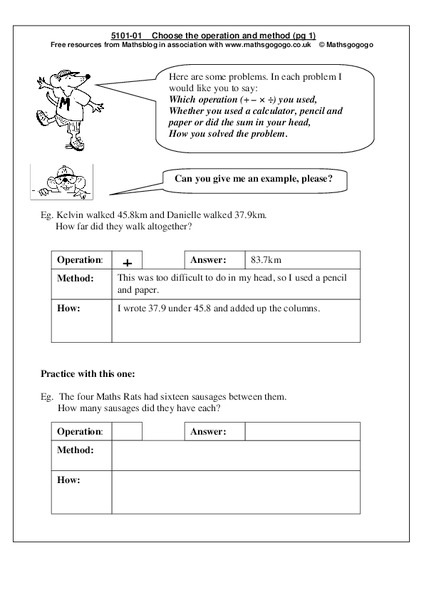 Choose the operation and method Worksheet