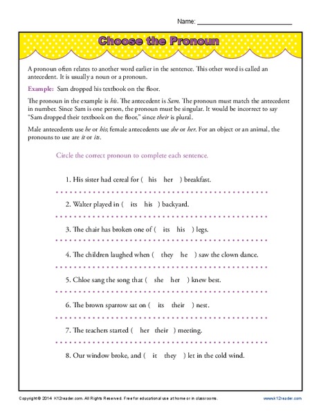 Choose the Pronoun Worksheet