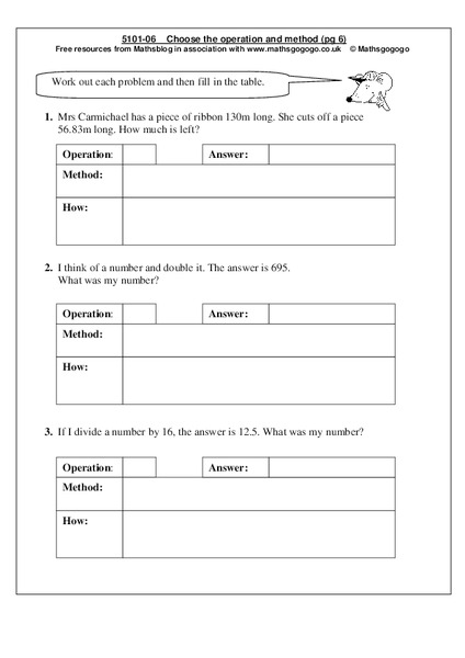 Choose the Operation and Method Worksheet
