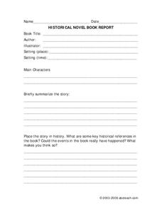 HISTORICAL NOVEL BOOK REPORT Worksheet