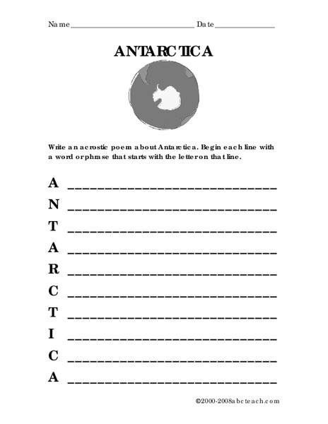 Antarctica Acrostic Poem Worksheet