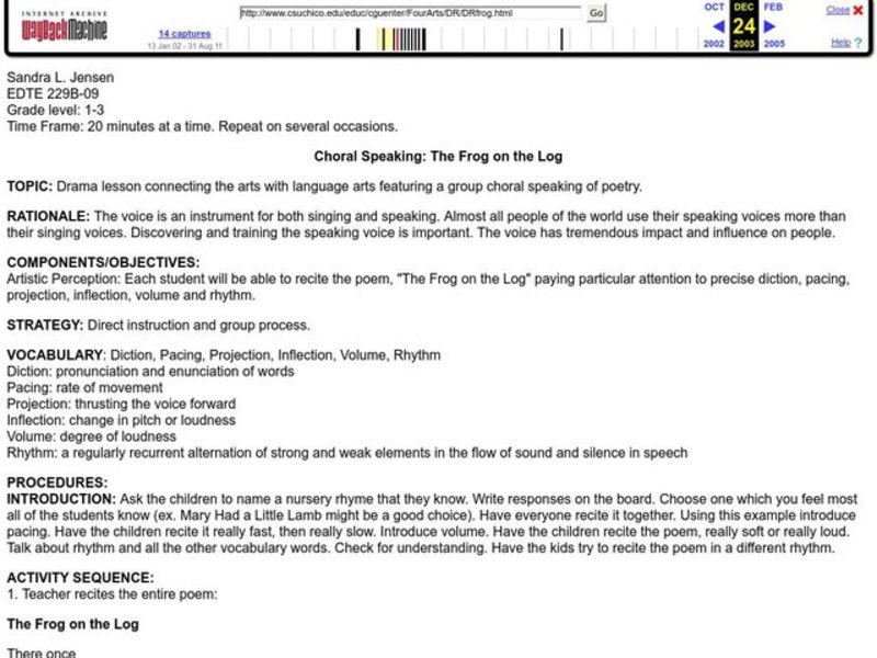 Choral Speaking: The Frog on the Log Lesson Plan