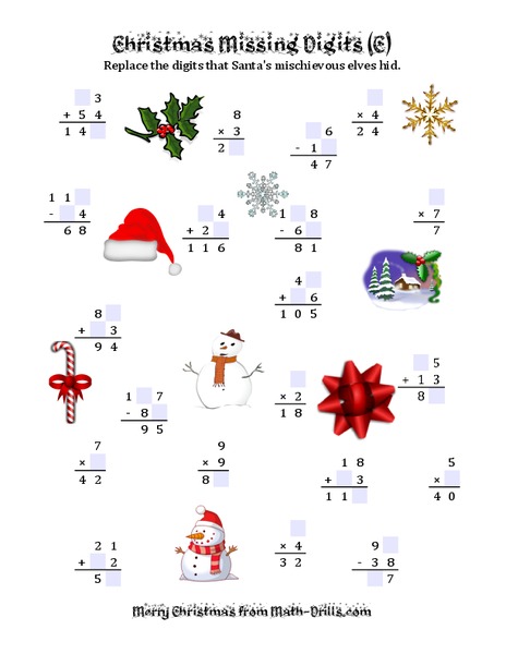 Christmas Missing Digits Worksheet