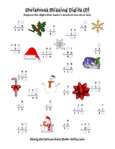 Christmas Missing Digits Worksheet