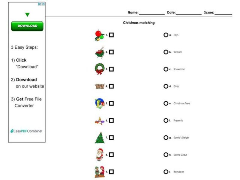 Christmas Matching Worksheet