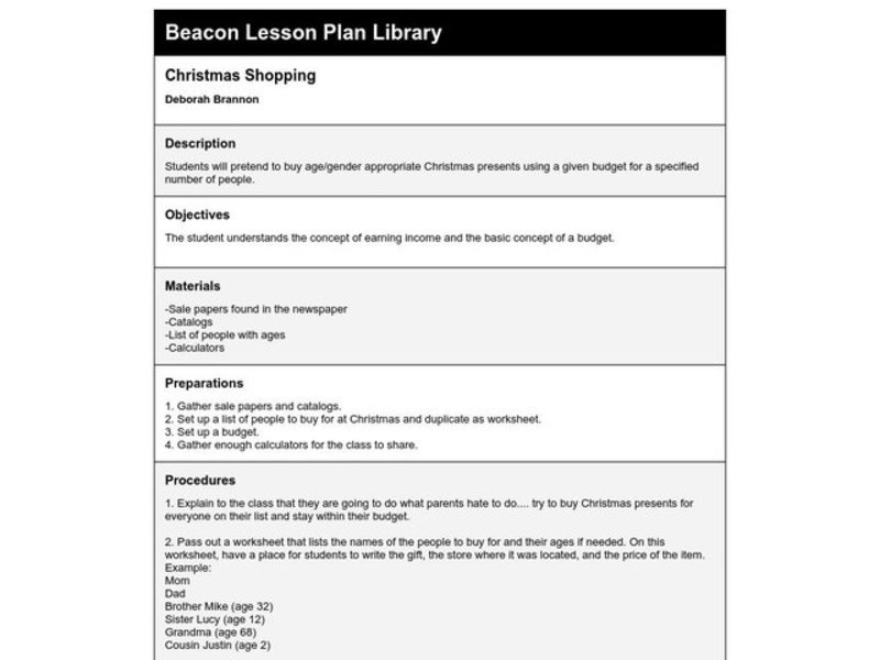 Christmas Shopping Lesson Plan