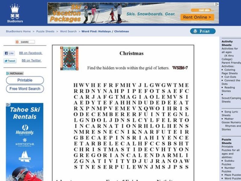 Christmas Word Search Worksheet