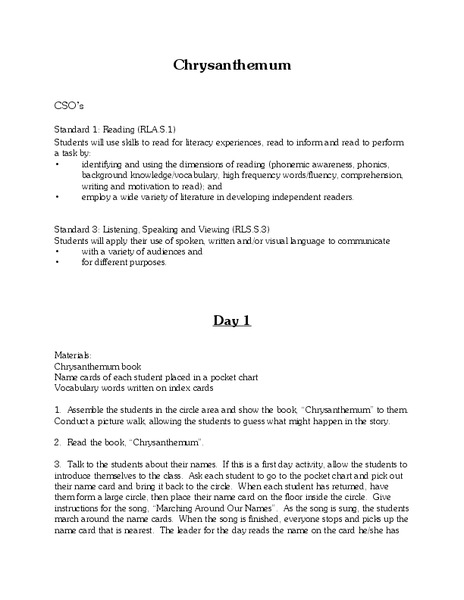 Chrysanthemum Lesson Plan