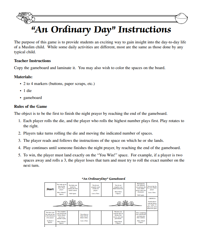 An Ordinary Day Learning Game About Life as a Muslim Child Worksheet