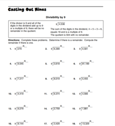 Casting Out Nines-- Divisibility By 9 Worksheet