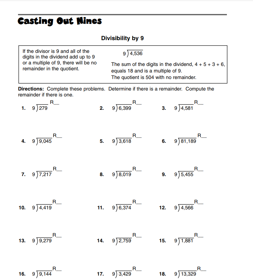 Casting Out Nines-- Divisibility By 9 Worksheet