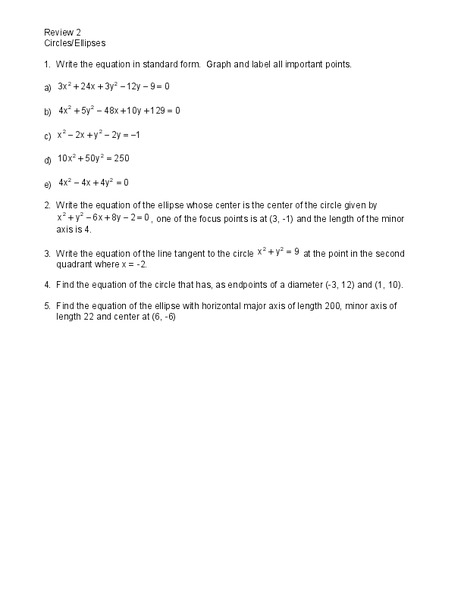 Circles and Ellipses Worksheet