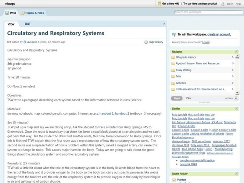 Circulatory and Respiratory Systems Lesson Plan