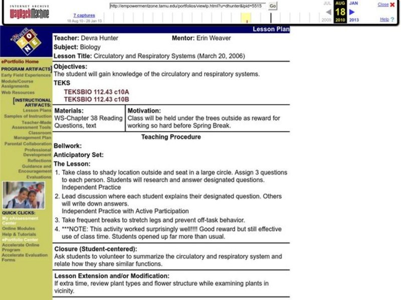 Circulatory and Respiratory Systems Lesson Plan