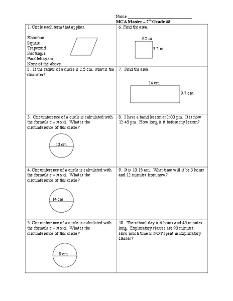Circumference and Area Worksheet