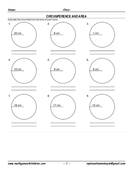 Circumference and Area Worksheet