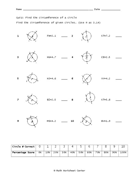 Circumference of a Circle Worksheet