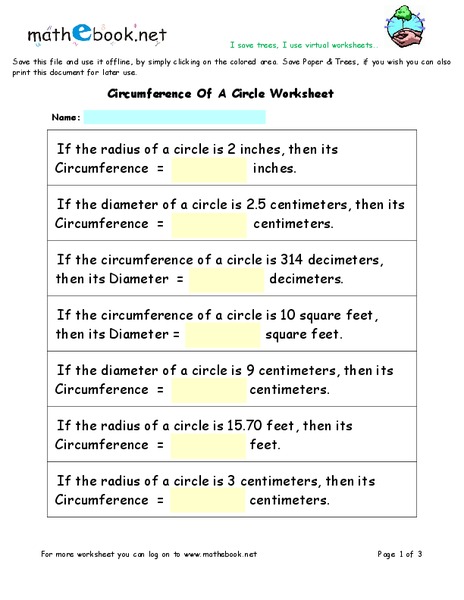 Circumference of a Circle Worksheet