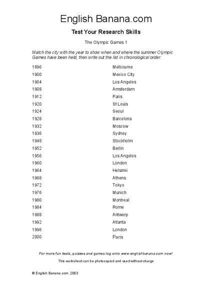 Cities: Olympic Games Worksheet