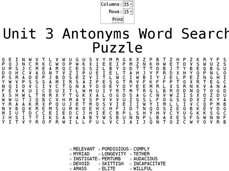 Antonyms Word Search Worksheet