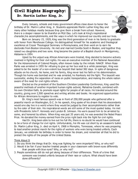 Civil Rights Biography: Dr. Martin Luther King, Jr. Worksheet