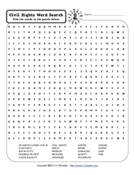Civil Rights Word Search Worksheet