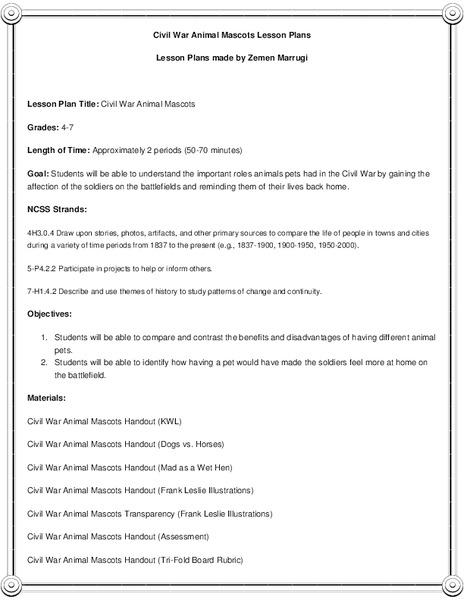 Civil War Animal Mascots Lesson Plan