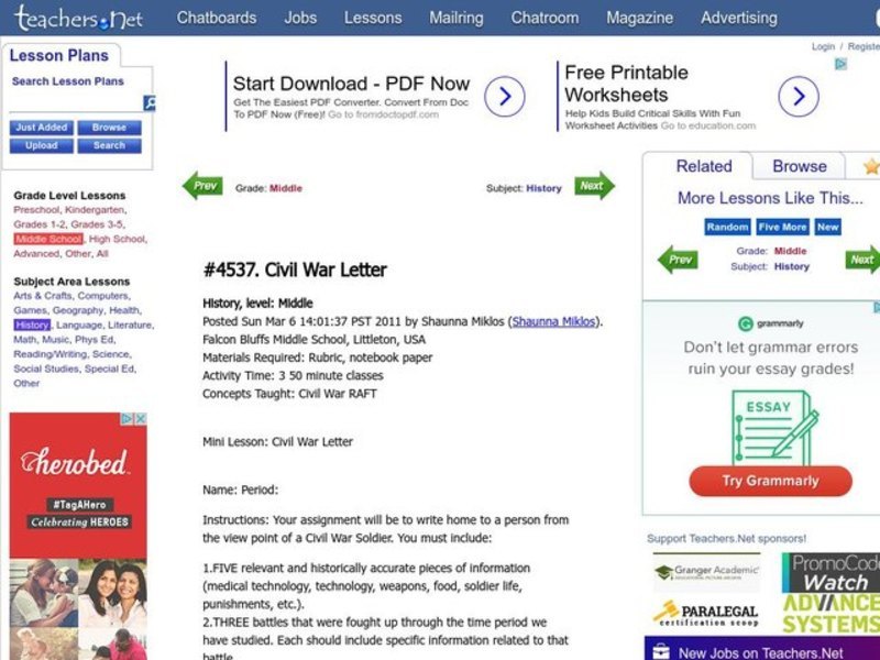 Civil War Letter Lesson Plan