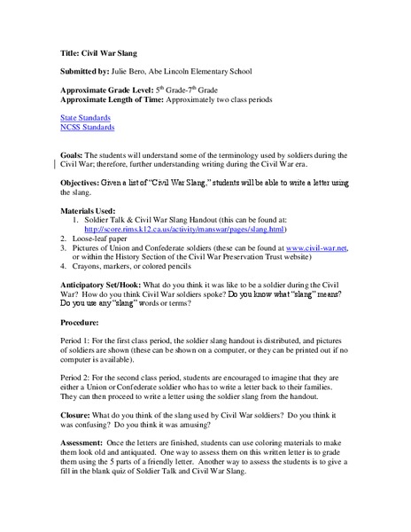 Civil War Slang Lesson Plan