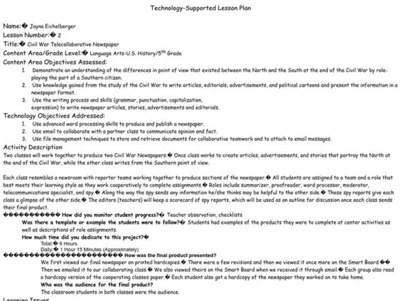 Civil War Telecollaborative Newspaper Lesson Plan
