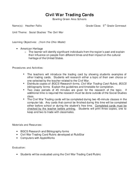 Civil War Trading Cards Lesson Plan