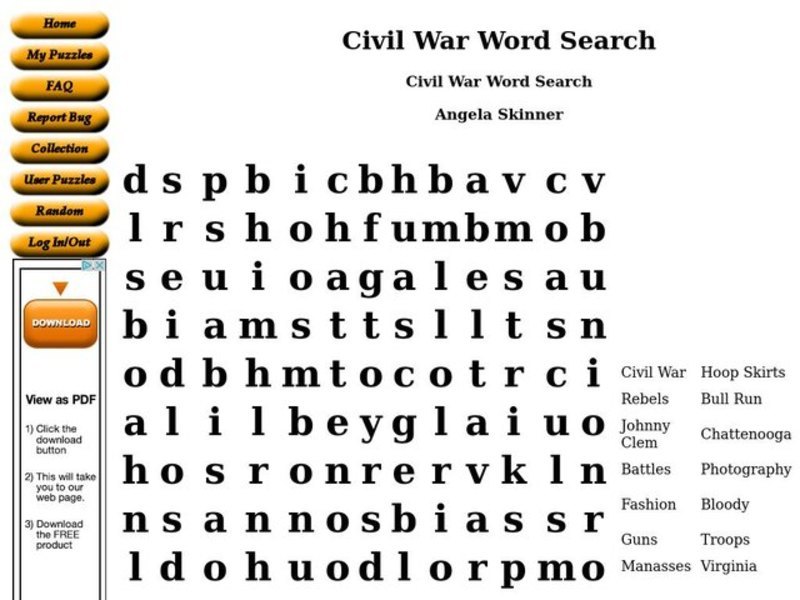 Civil War Word Search Worksheet