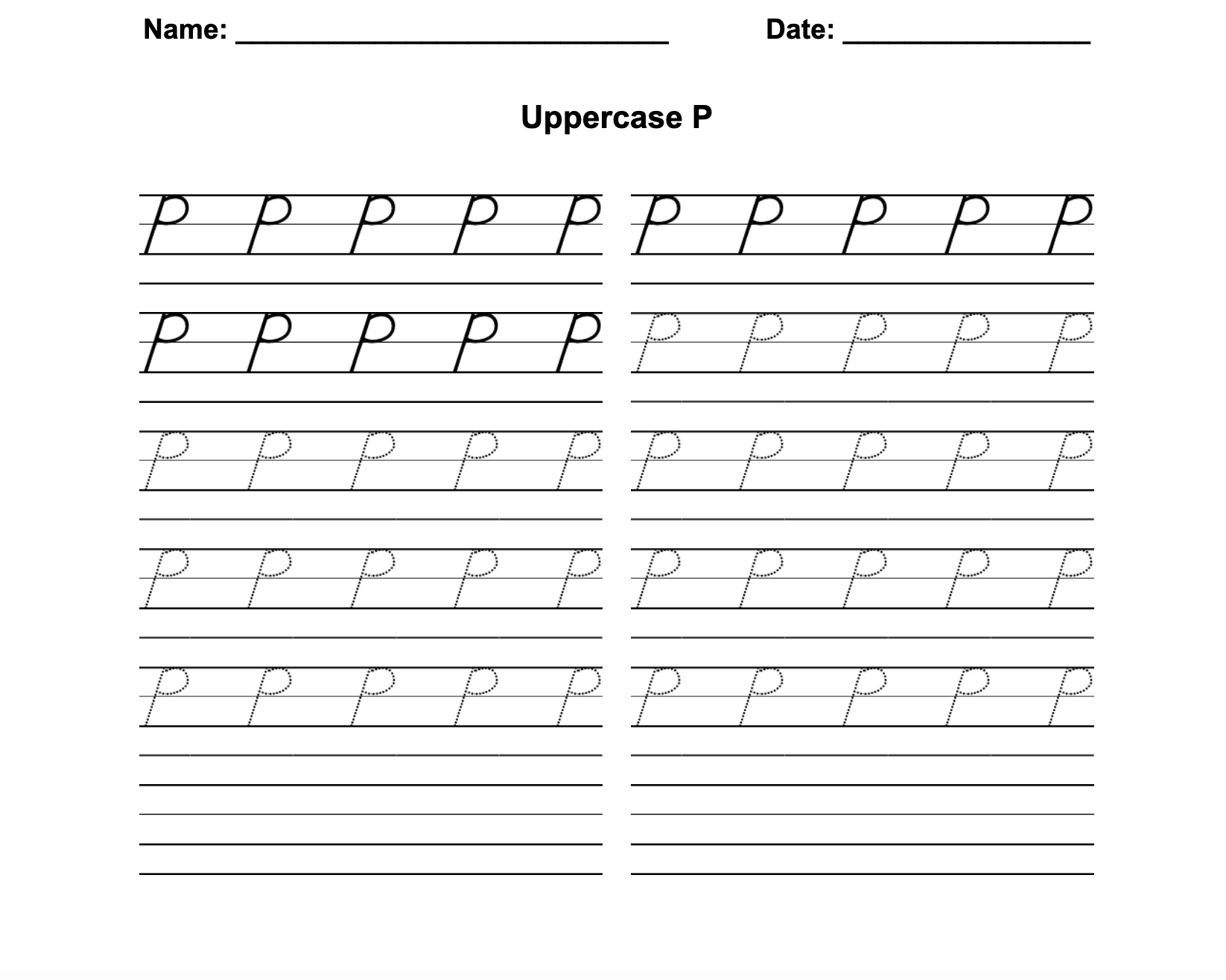 D'Nealian Cursive Uppercase P Worksheet