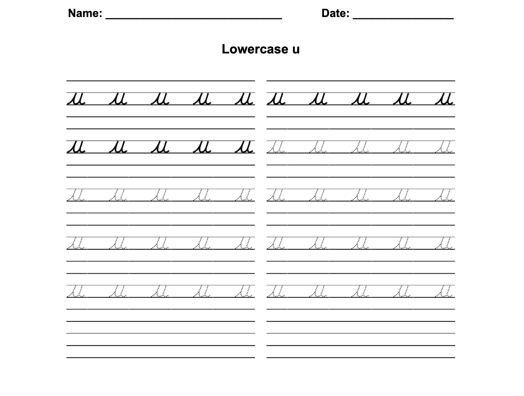 D'Nealian Cursive Lowercase U Worksheet