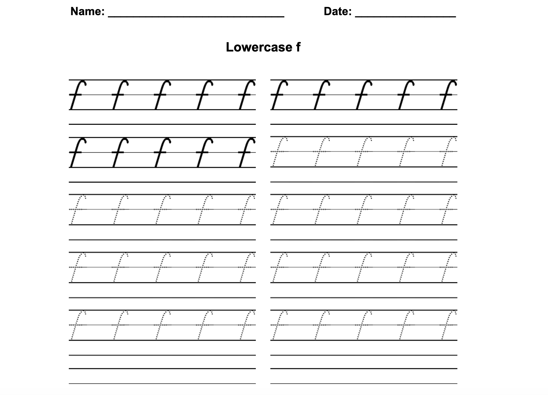D'Nealian Print Lowercase F Worksheet