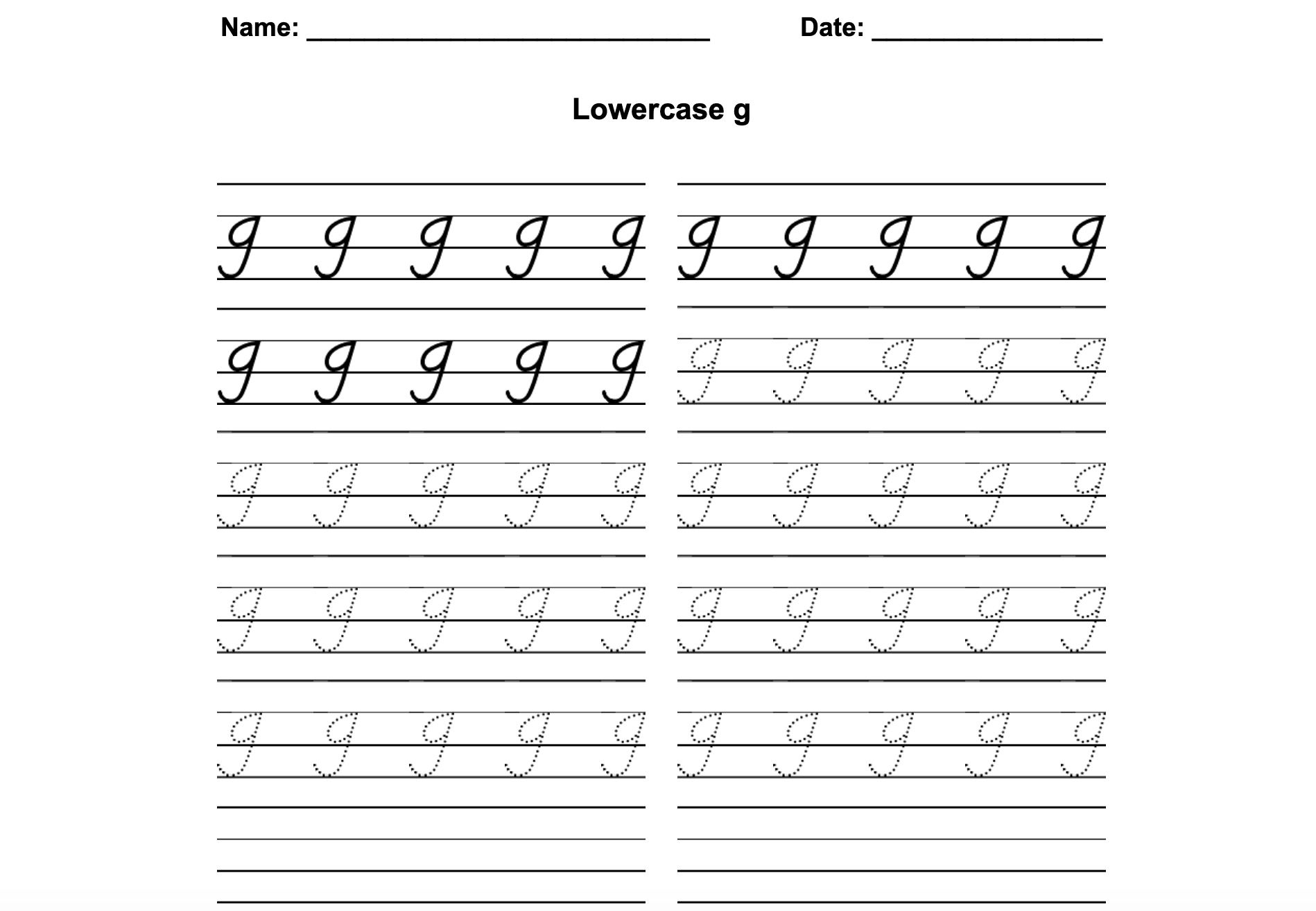 D'Nealian Print Lowercase G Worksheet