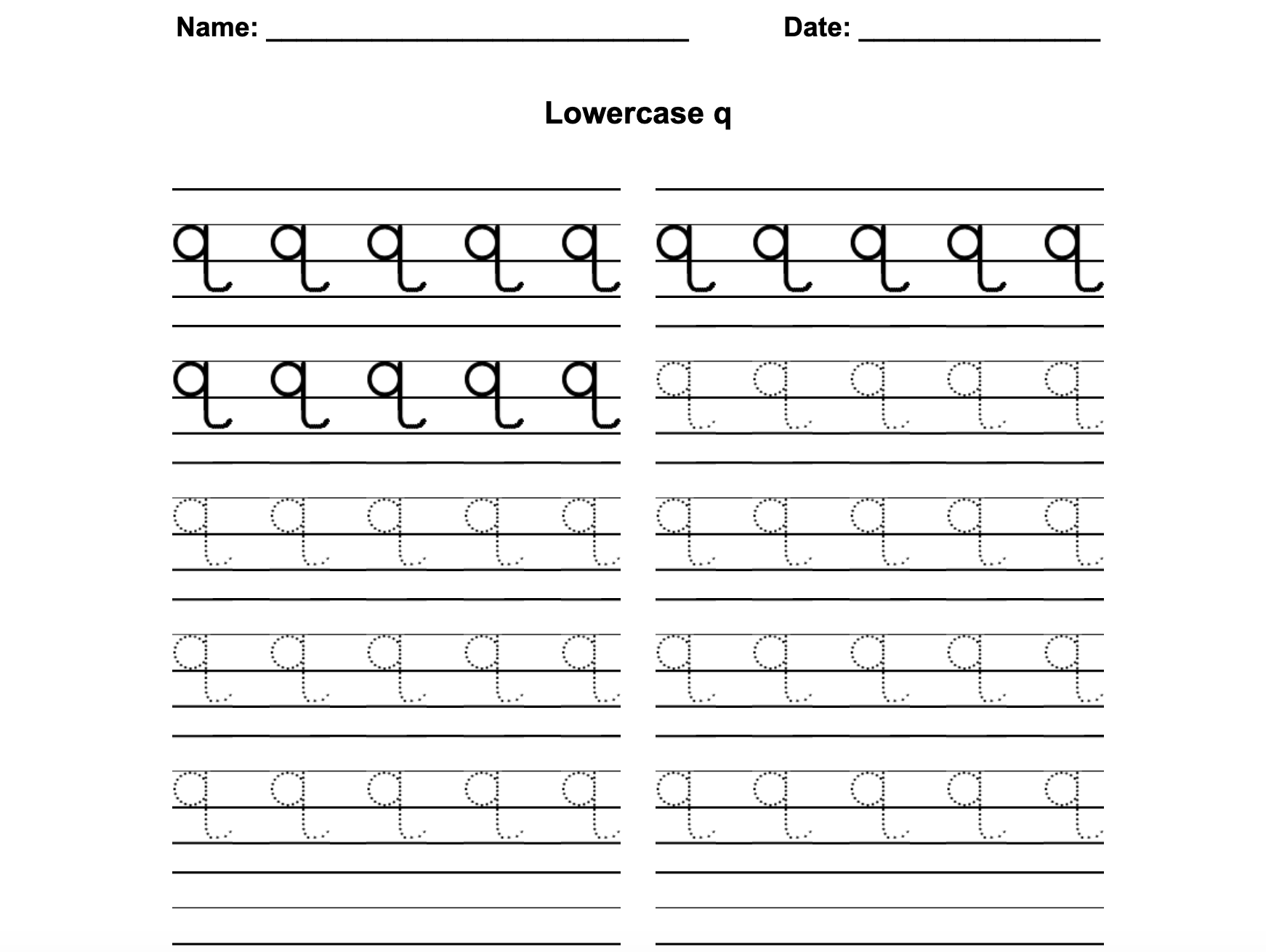 Zaner-Bloser Print Lowercase Q Worksheet