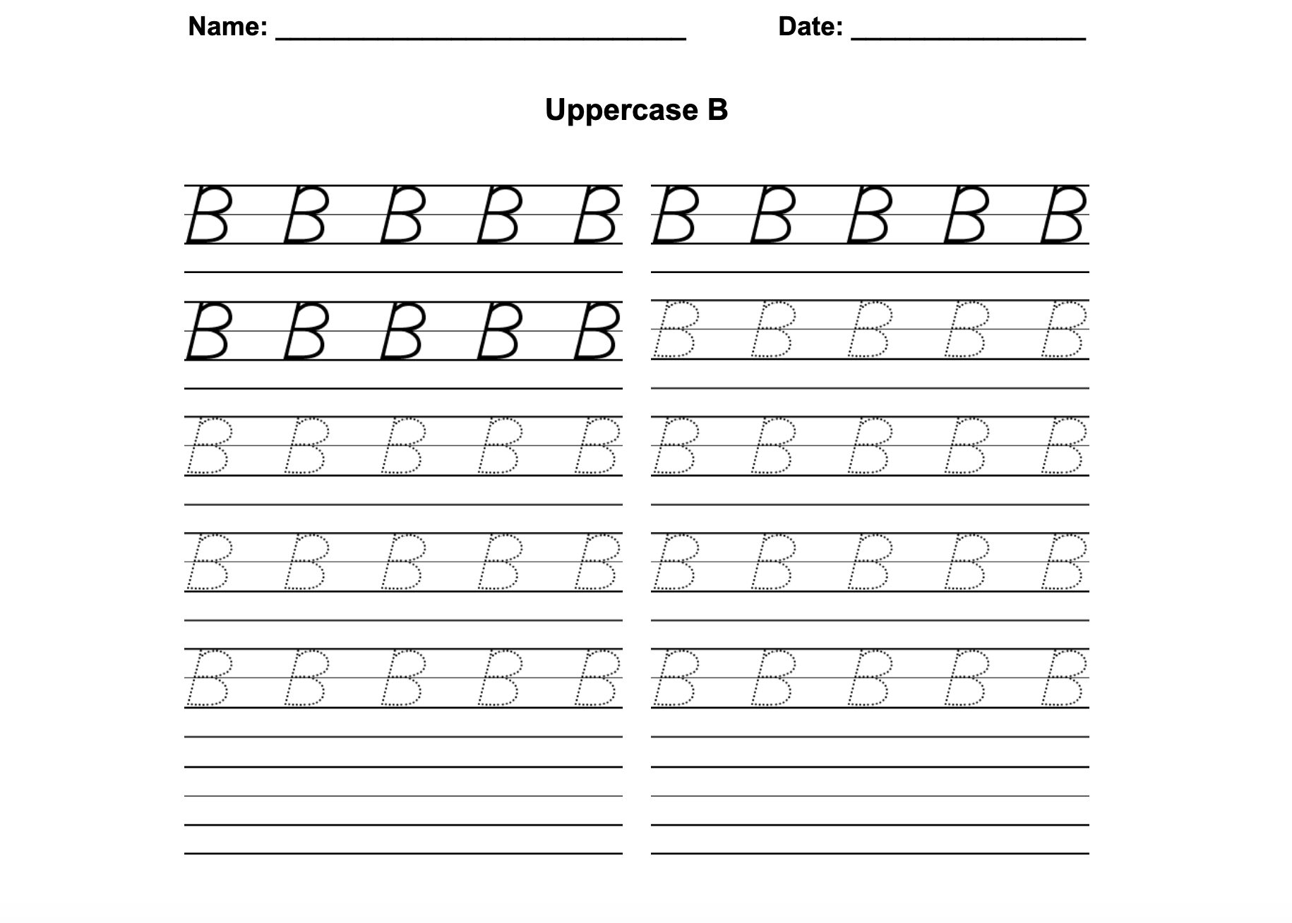 D'Nealian Print Uppercase B Worksheet