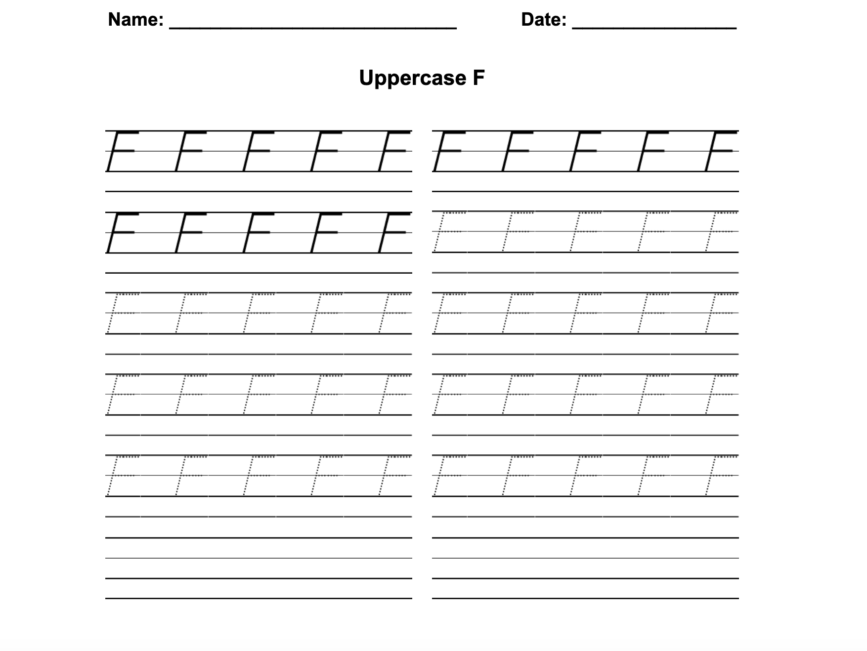 D'Nealian Print Uppercase F Worksheet