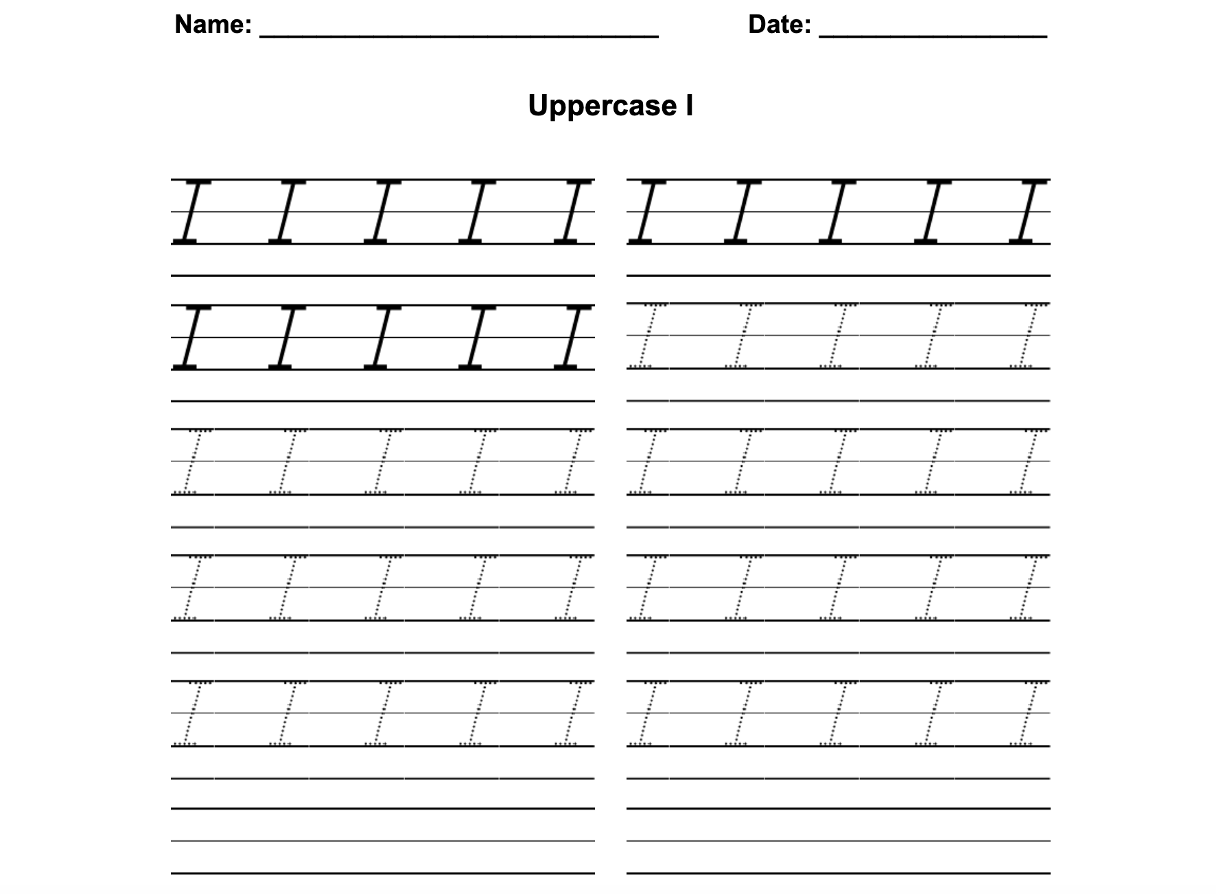 D'Nealian Print Uppercase I Worksheet