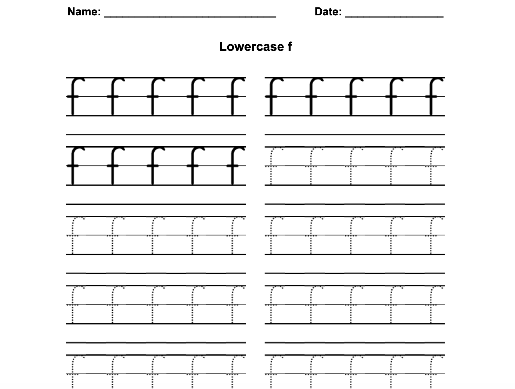 Zaner-Bloser Print Lowercase F Worksheet