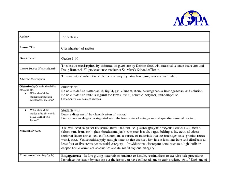 Classification of Matter Lesson Plan