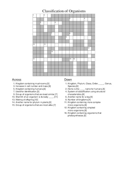 Classification of Organisms Worksheet