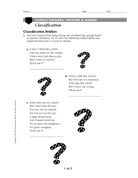 Classification of Organisms Worksheet