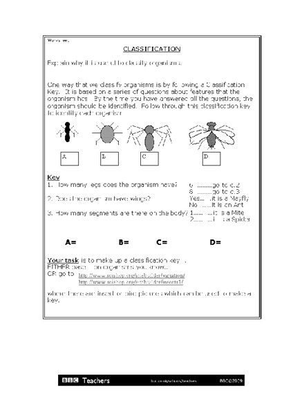 Classification of Organisms Worksheet