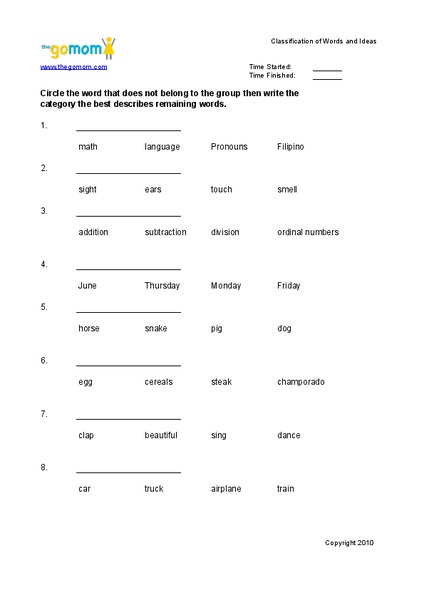 Classification of Words and Ideas Worksheet