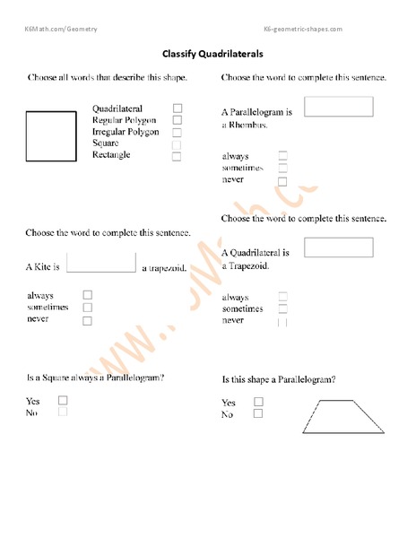 Classify Quadrilaterals Worksheet