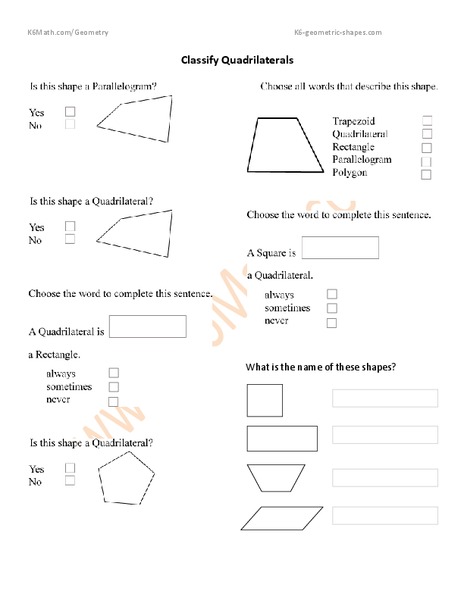 Classify Quadrilaterals Worksheet
