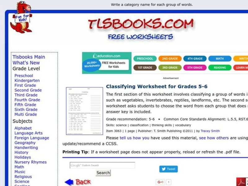 Classifying Worksheet