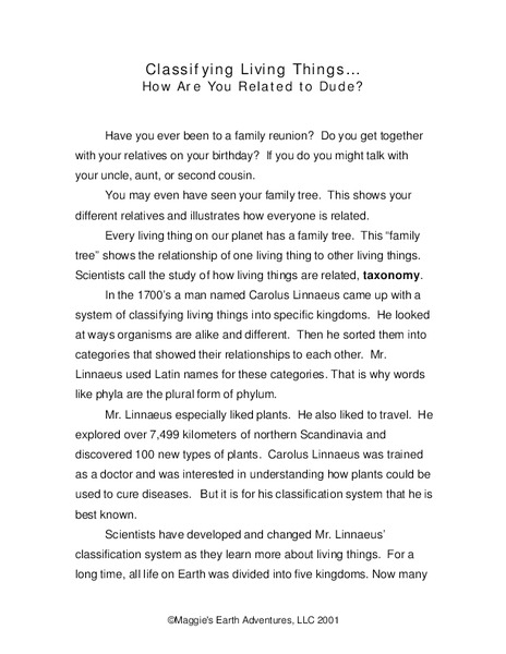 Classifying Living Things Worksheet